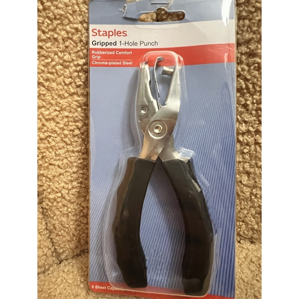 Staples Gripped 1-Hole Punch, Rubberized, Chrome-Plated Steel